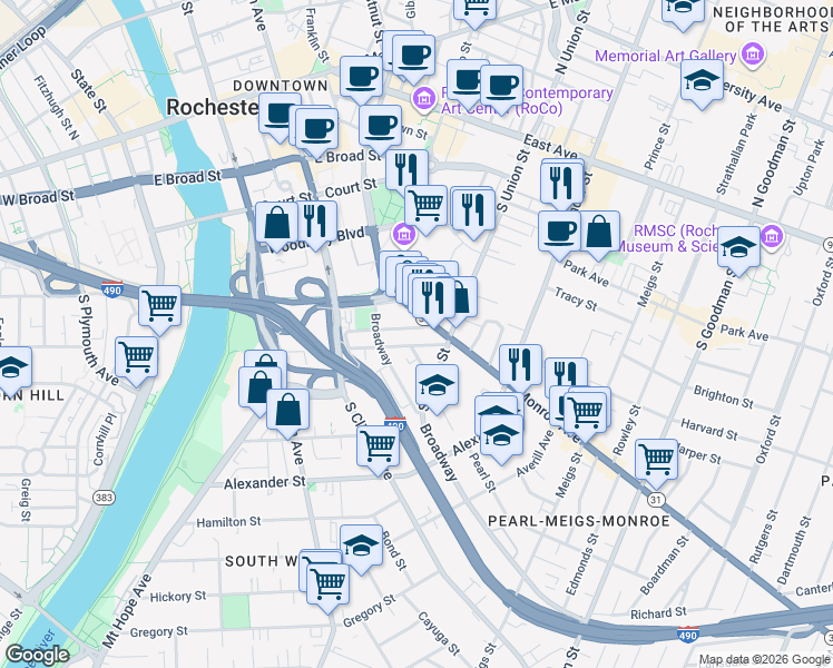 map of restaurants, bars, coffee shops, grocery stores, and more near 71 Marshall Street in Rochester