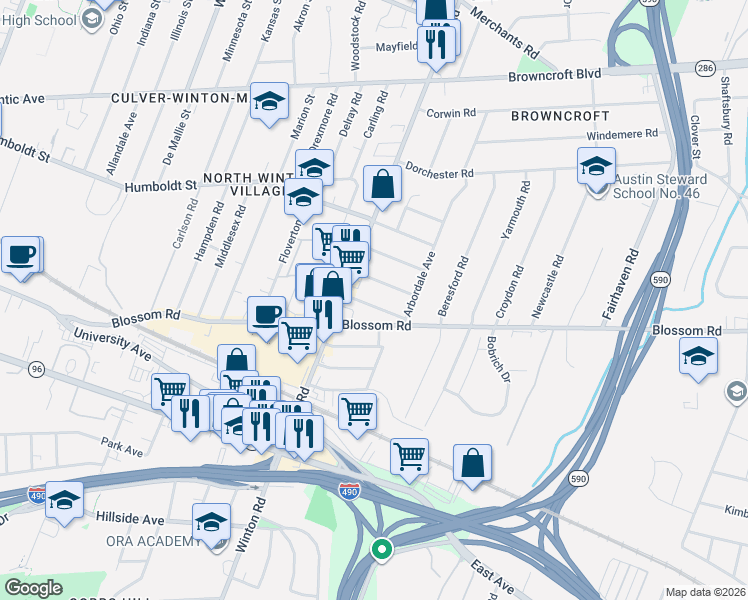 map of restaurants, bars, coffee shops, grocery stores, and more near 23 Balsam Street in Rochester