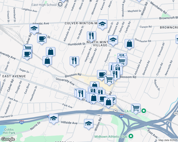 map of restaurants, bars, coffee shops, grocery stores, and more near 45 Marion Street in Rochester
