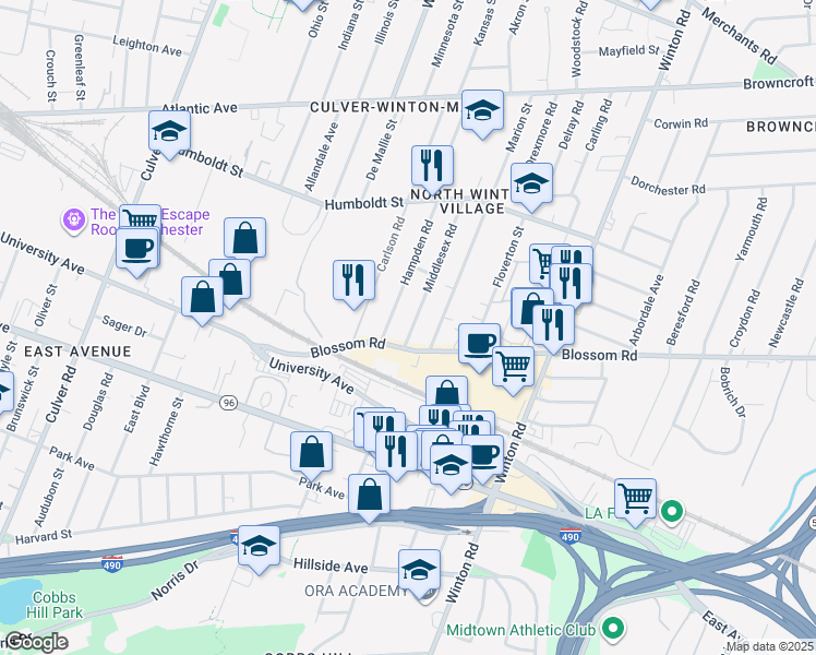 map of restaurants, bars, coffee shops, grocery stores, and more near 54-56 Hampden Road in Rochester