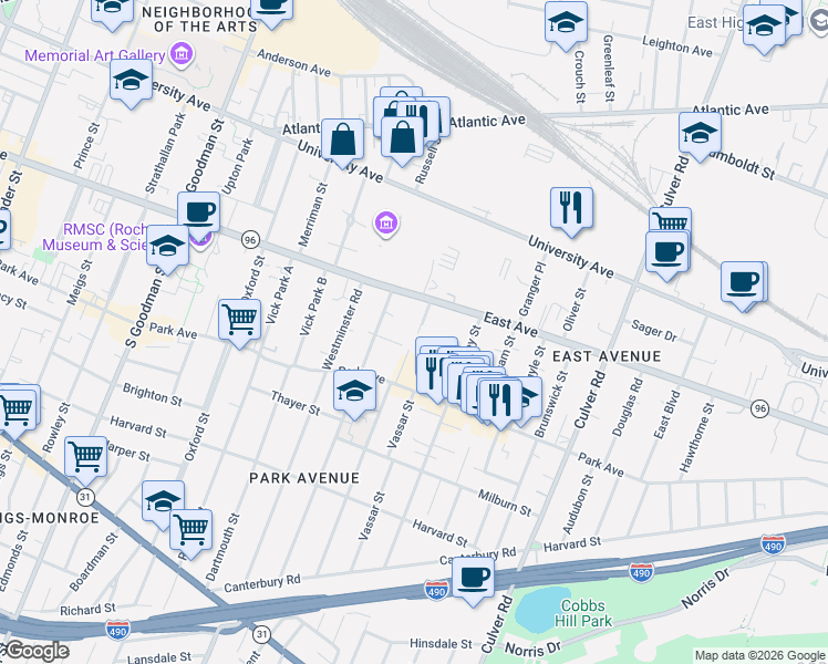 map of restaurants, bars, coffee shops, grocery stores, and more near 973 East Avenue in Rochester