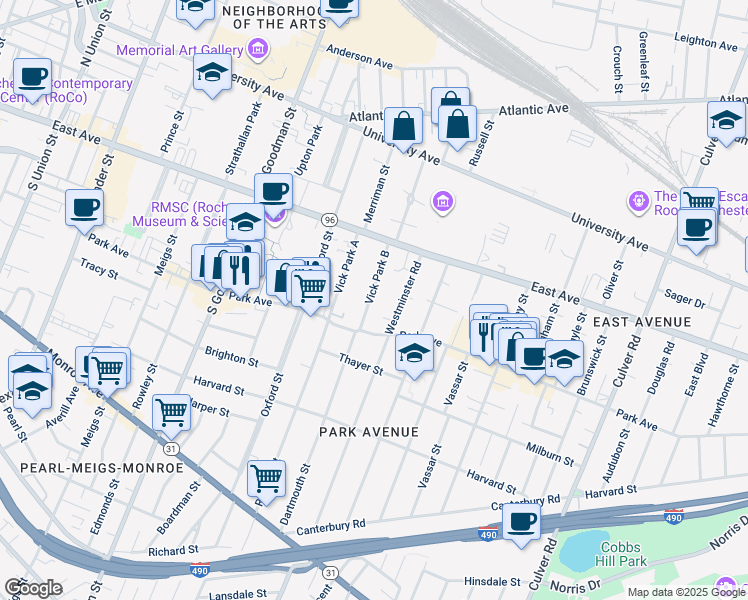 map of restaurants, bars, coffee shops, grocery stores, and more near 25 Vick Park B in Rochester