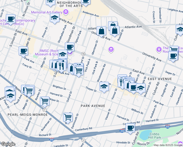 map of restaurants, bars, coffee shops, grocery stores, and more near 25 Vick Park B in Rochester