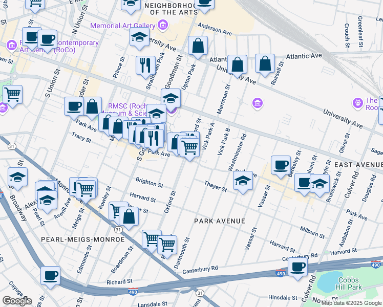 map of restaurants, bars, coffee shops, grocery stores, and more near 240 Oxford Street in Rochester