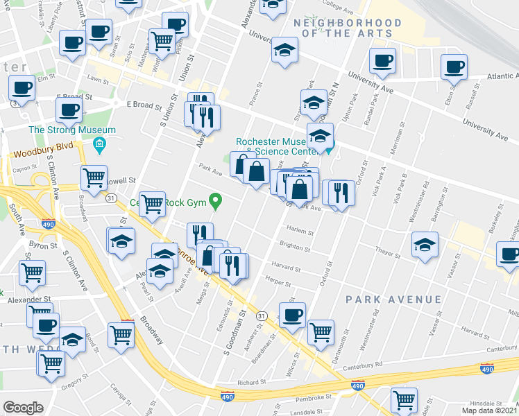 map of restaurants, bars, coffee shops, grocery stores, and more near in Rochester