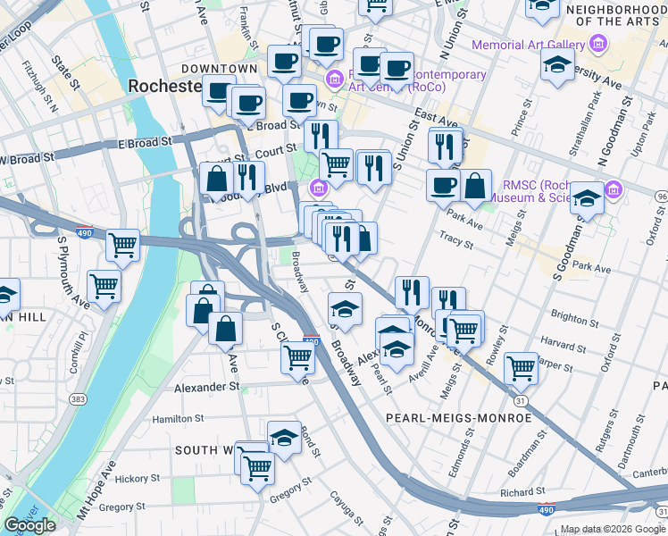 map of restaurants, bars, coffee shops, grocery stores, and more near 72 Marshall Street in Rochester
