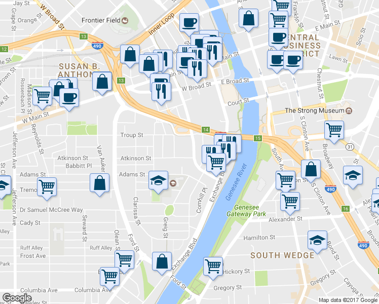map of restaurants, bars, coffee shops, grocery stores, and more near 225 South Plymouth Avenue in Rochester