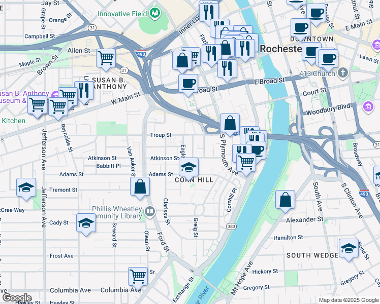 map of restaurants, bars, coffee shops, grocery stores, and more near 91 South Washington Street in Rochester