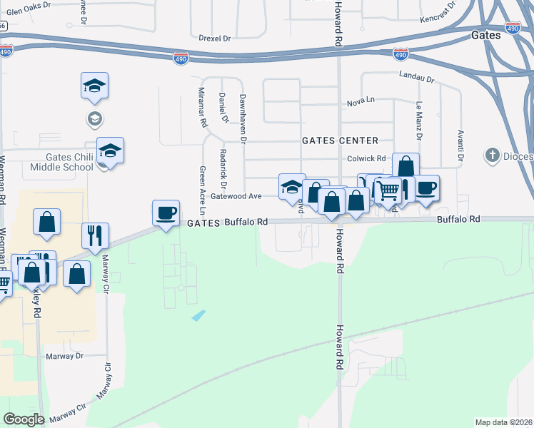 map of restaurants, bars, coffee shops, grocery stores, and more near 1660 Buffalo Road in Rochester