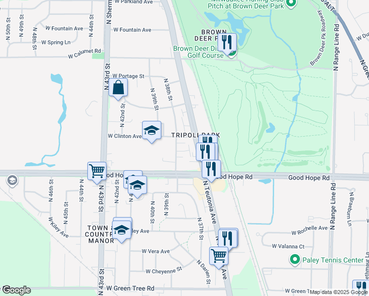 map of restaurants, bars, coffee shops, grocery stores, and more near 3729 West Clinton Avenue in Milwaukee