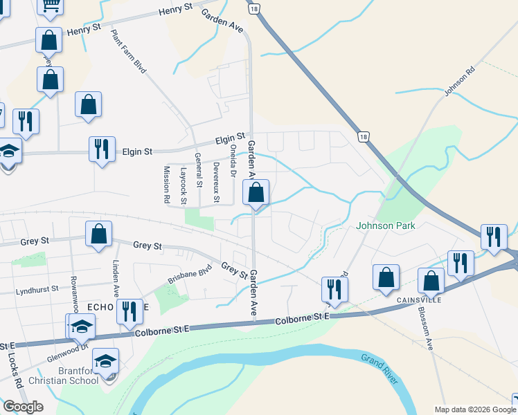 map of restaurants, bars, coffee shops, grocery stores, and more near 80 Garden Avenue in Brantford