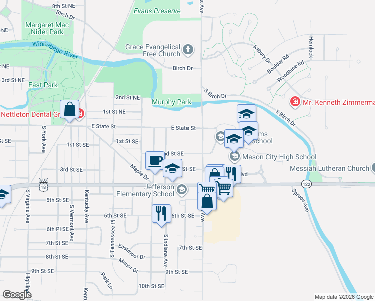 map of restaurants, bars, coffee shops, grocery stores, and more near 1450 2nd Street Southeast in Mason City