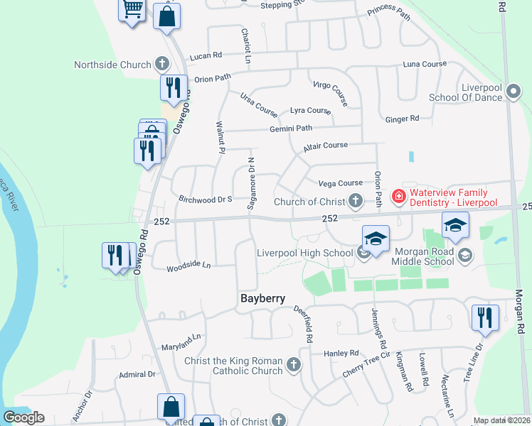 map of restaurants, bars, coffee shops, grocery stores, and more near 4185 Wetzel Road in Liverpool