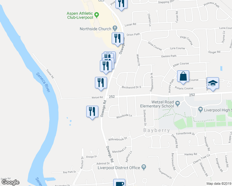 map of restaurants, bars, coffee shops, grocery stores, and more near 7843 Glenwood Drive North in Liverpool