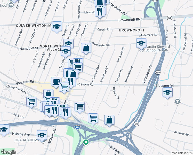 map of restaurants, bars, coffee shops, grocery stores, and more near 241 Beresford Road in Rochester