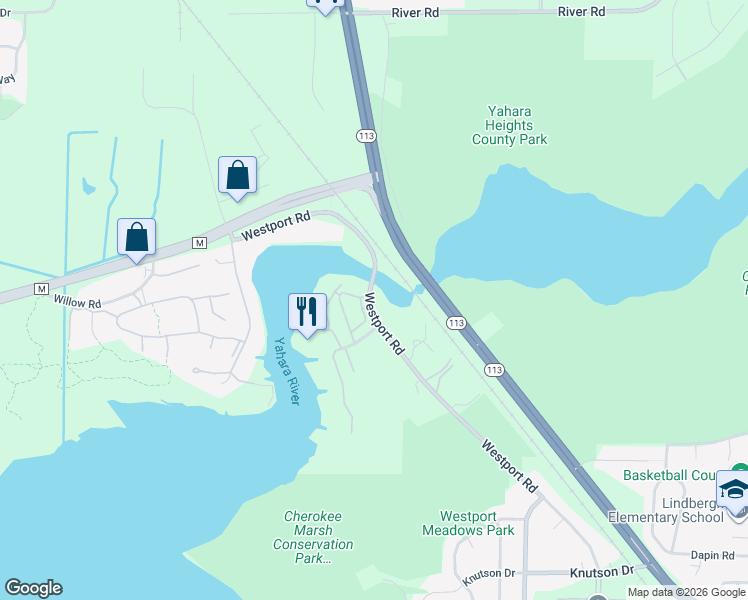 map of restaurants, bars, coffee shops, grocery stores, and more near 5360 Westport Road in Madison