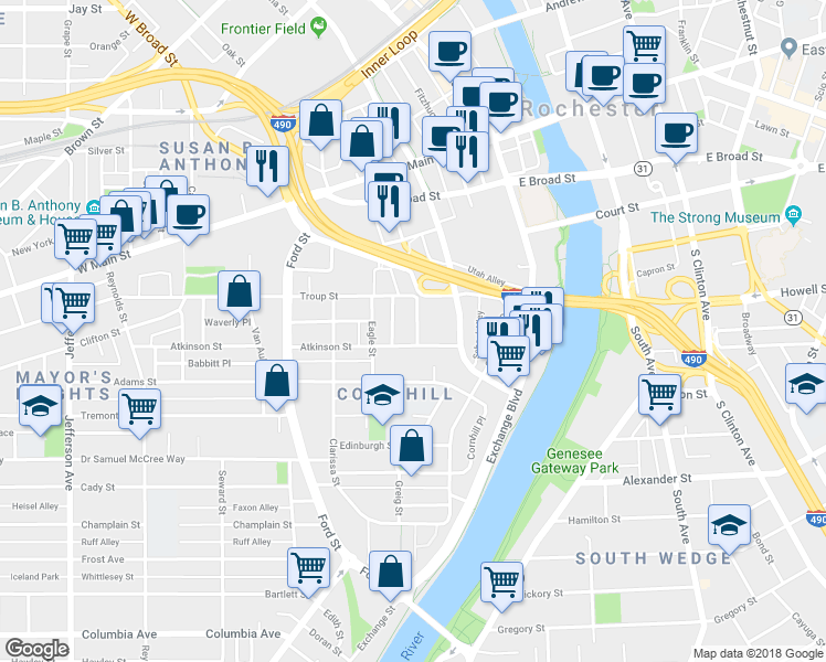map of restaurants, bars, coffee shops, grocery stores, and more near 101 South Washington Street in Rochester