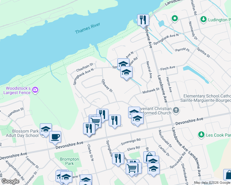 map of restaurants, bars, coffee shops, grocery stores, and more near 452 Ojibway Street in Woodstock