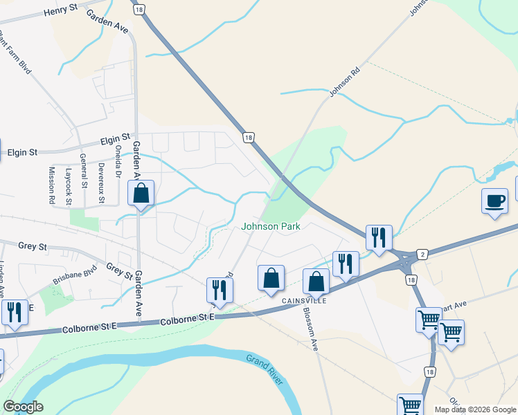 map of restaurants, bars, coffee shops, grocery stores, and more near 74 Johnson Road in Brantford