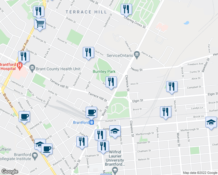 map of restaurants, bars, coffee shops, grocery stores, and more near 14 Burnley Avenue in Brantford