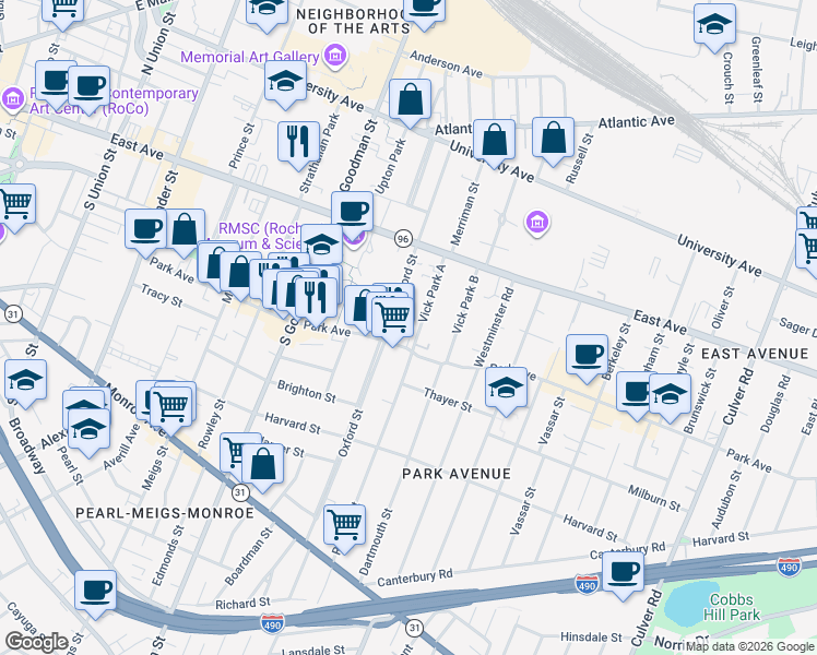 map of restaurants, bars, coffee shops, grocery stores, and more near 240 Oxford Street in Rochester