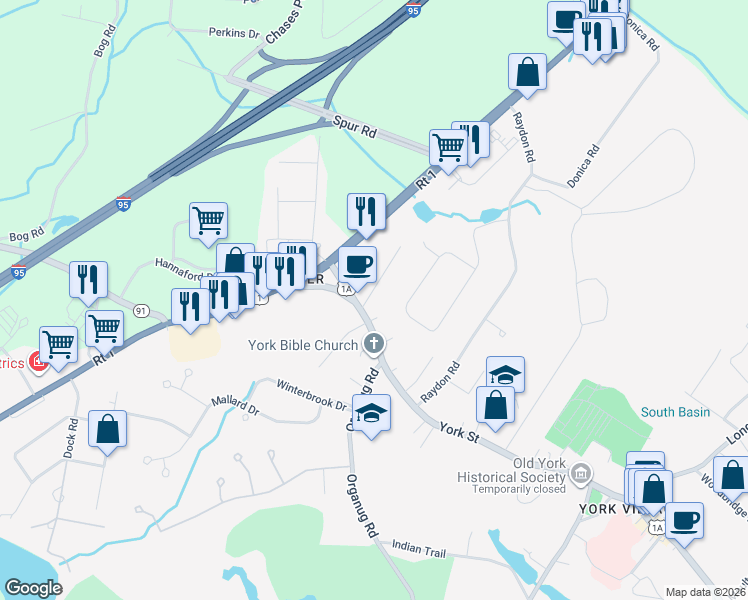 map of restaurants, bars, coffee shops, grocery stores, and more near 4 Hilltop Drive in York
