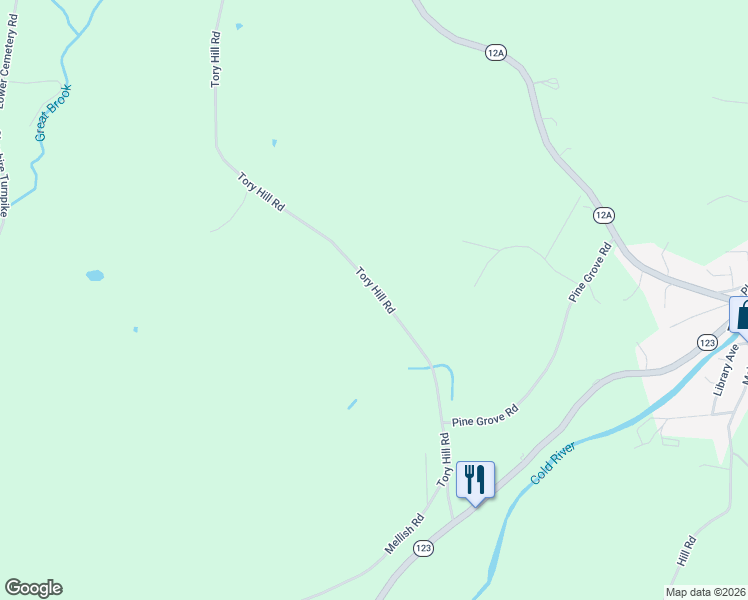 map of restaurants, bars, coffee shops, grocery stores, and more near 257 Tory Hill Road in Langdon