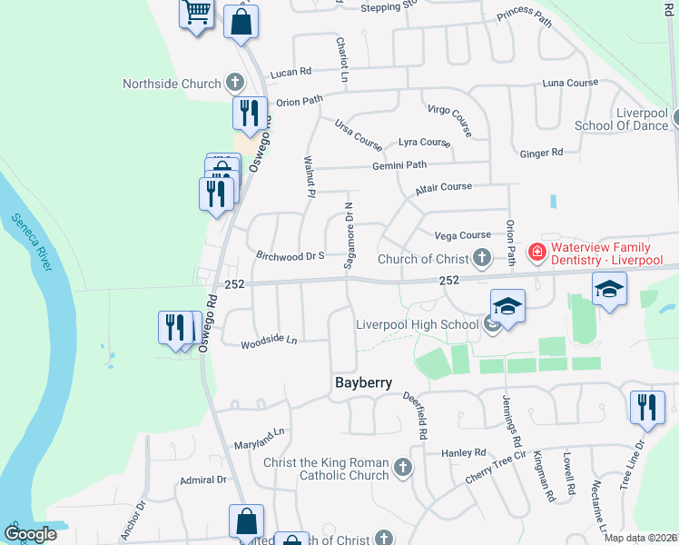 map of restaurants, bars, coffee shops, grocery stores, and more near 4177 Wetzel Road in Liverpool