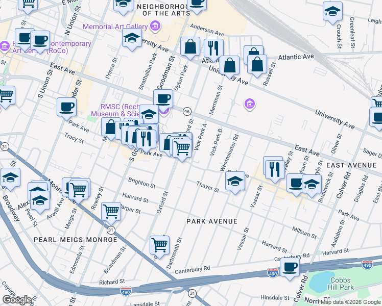 map of restaurants, bars, coffee shops, grocery stores, and more near 42 Vick Park B in Rochester