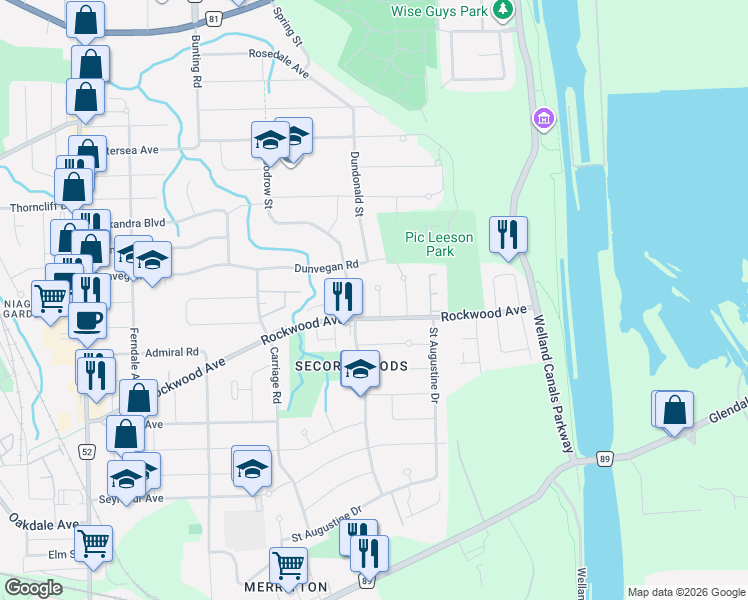 map of restaurants, bars, coffee shops, grocery stores, and more near 10 Dolly Circle in St. Catharines