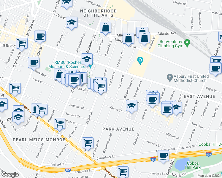 map of restaurants, bars, coffee shops, grocery stores, and more near 37 Vick Park A in Rochester