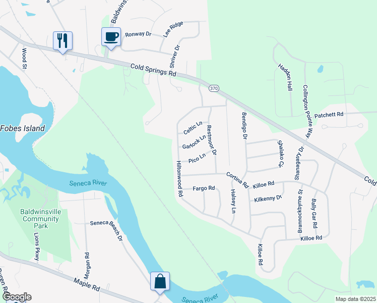 map of restaurants, bars, coffee shops, grocery stores, and more near 6567 Garlock Lane in Baldwinsville