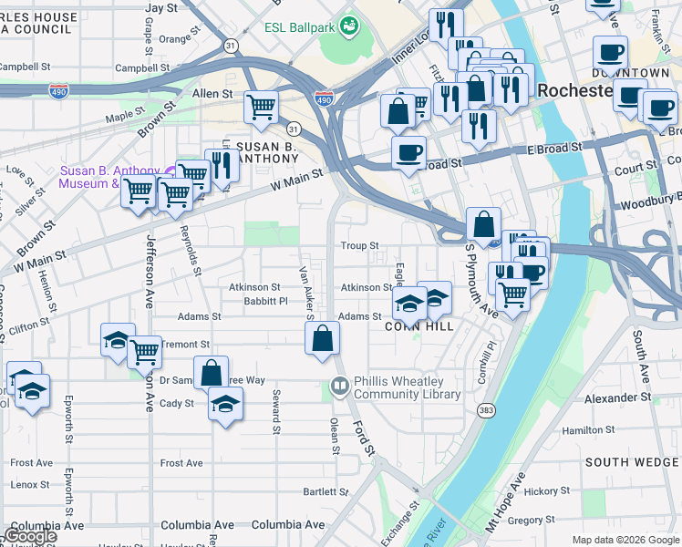 map of restaurants, bars, coffee shops, grocery stores, and more near 140 Van Auker Street in Rochester