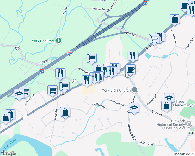 map of restaurants, bars, coffee shops, grocery stores, and more near 464 U.S. 1 in York