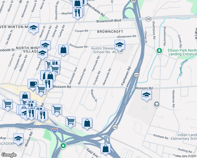 map of restaurants, bars, coffee shops, grocery stores, and more near 57 Croydon Road in Rochester