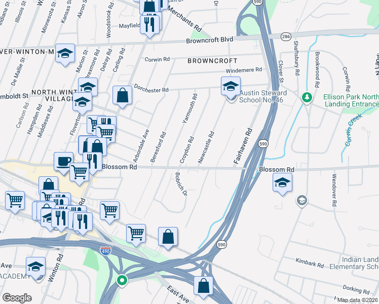 map of restaurants, bars, coffee shops, grocery stores, and more near 57 Croydon Road in Rochester