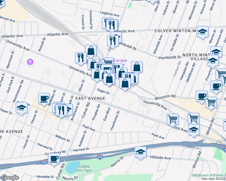 map of restaurants, bars, coffee shops, grocery stores, and more near 85 East Boulevard in Rochester