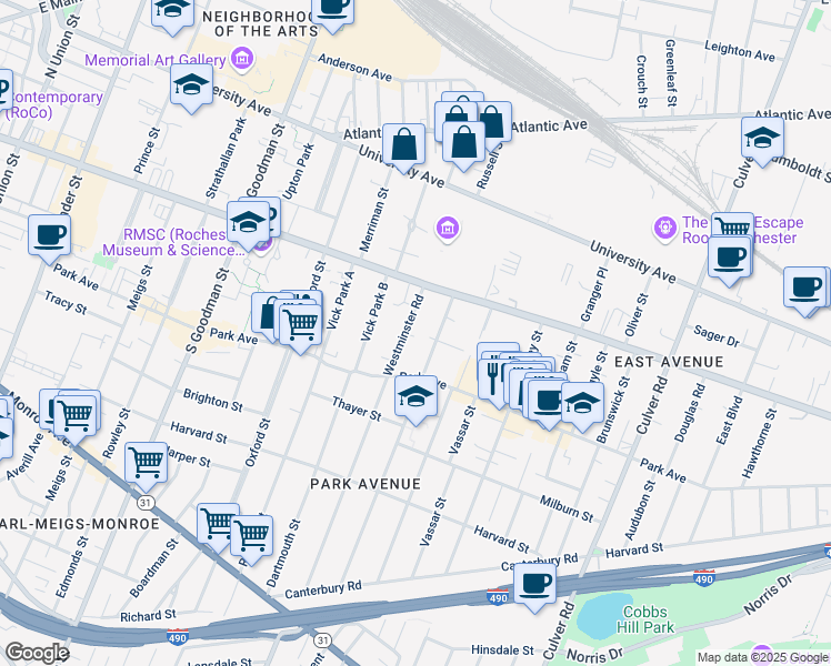 map of restaurants, bars, coffee shops, grocery stores, and more near 50 Westminster Road in Rochester