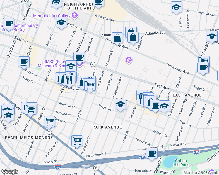 map of restaurants, bars, coffee shops, grocery stores, and more near 25 Vick Park B in Rochester