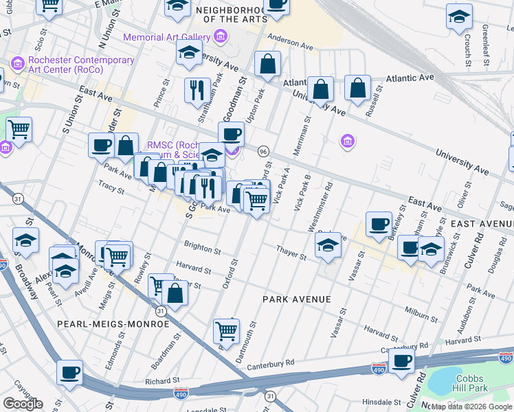 map of restaurants, bars, coffee shops, grocery stores, and more near 240 Oxford Street in Rochester