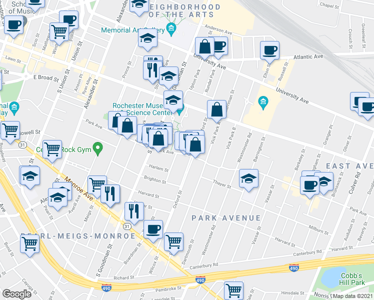map of restaurants, bars, coffee shops, grocery stores, and more near 308 Park Avenue in Rochester