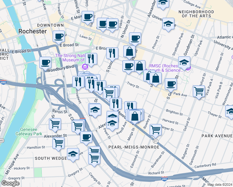 map of restaurants, bars, coffee shops, grocery stores, and more near 59 Priem Street in Rochester