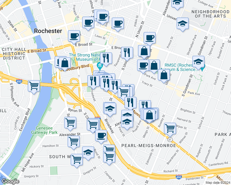 map of restaurants, bars, coffee shops, grocery stores, and more near 120 South Union Street in Rochester