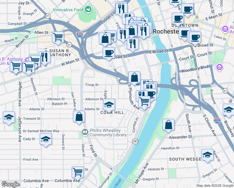 map of restaurants, bars, coffee shops, grocery stores, and more near 91 South Washington Street in Rochester