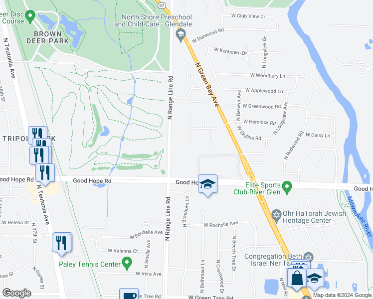 map of restaurants, bars, coffee shops, grocery stores, and more near 7310 North Range Line Road in Glendale