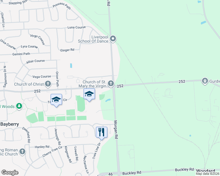 map of restaurants, bars, coffee shops, grocery stores, and more near 7831 Morgan Road in Liverpool