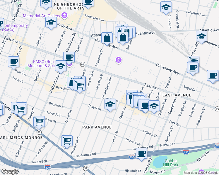 map of restaurants, bars, coffee shops, grocery stores, and more near 50 Westminster Road in Rochester