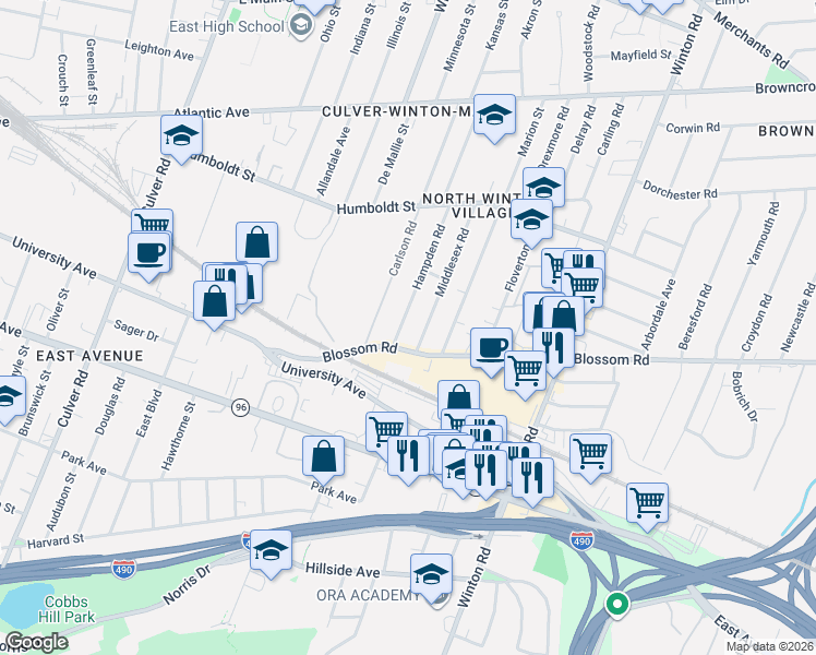 map of restaurants, bars, coffee shops, grocery stores, and more near 54-56 Hampden Road in Rochester