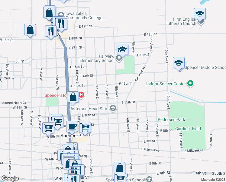 map of restaurants, bars, coffee shops, grocery stores, and more near 417 East 12th Street in Spencer