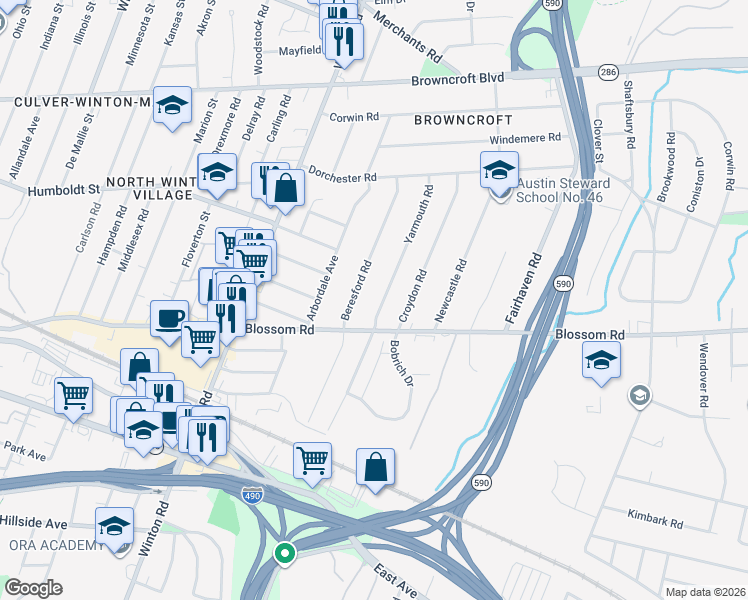 map of restaurants, bars, coffee shops, grocery stores, and more near 249 Yarmouth Road in Rochester